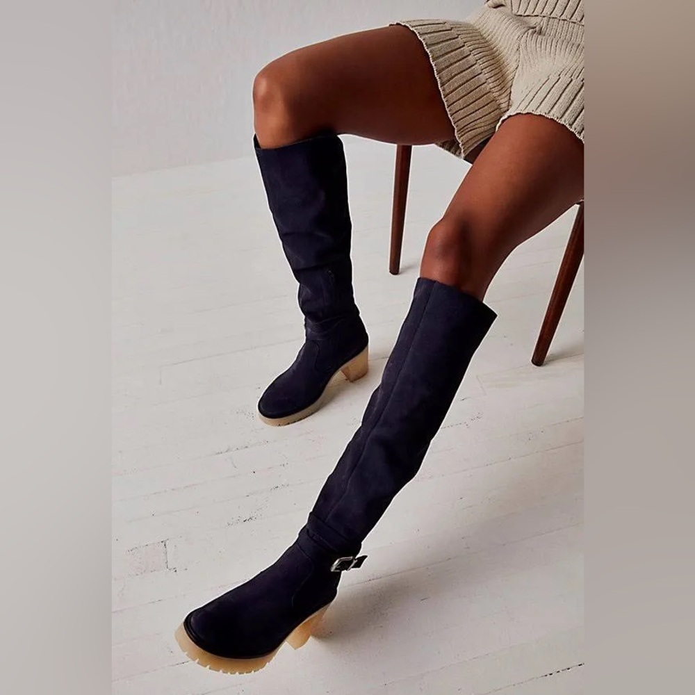 FREE PEOPLE Jasper Tall Boots Blue Suede Knee High Heeled Size EU 39 - US 9